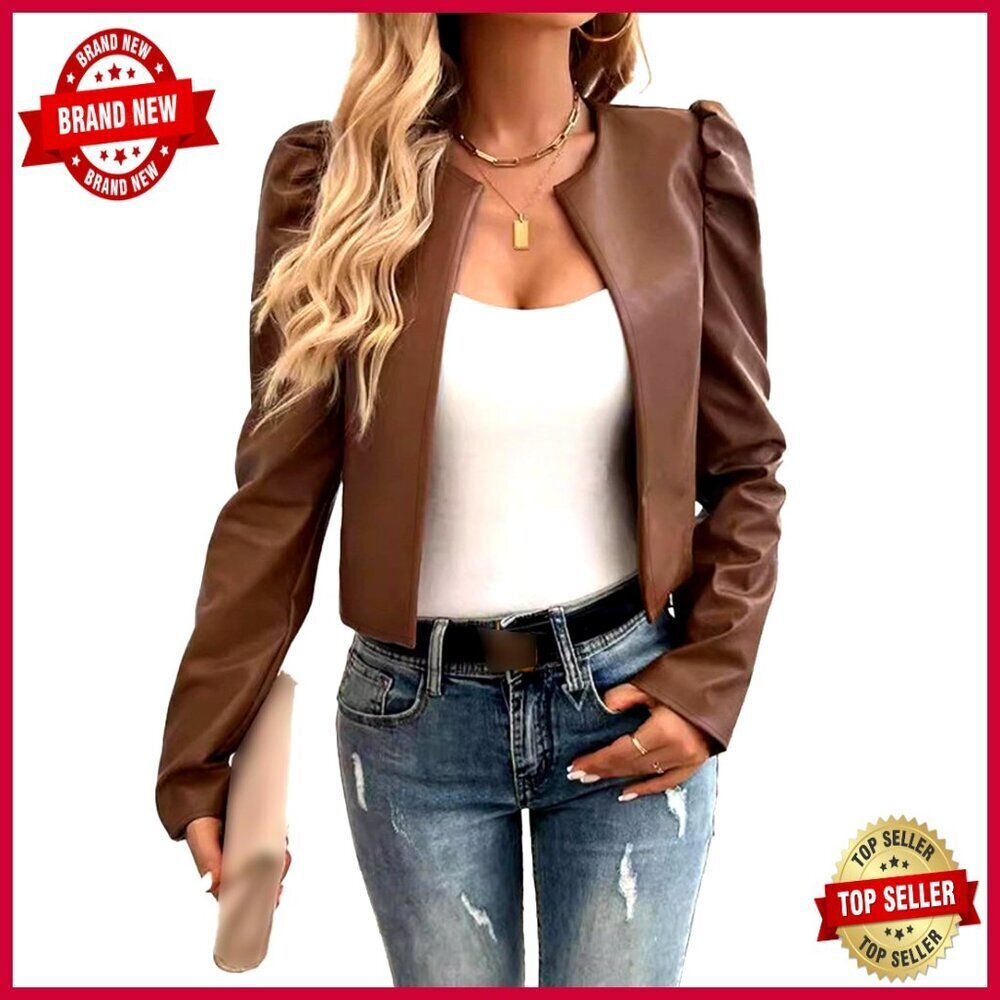 Large PU Leather Cropped Blazer Puff Sleeve Open Front Cardigan